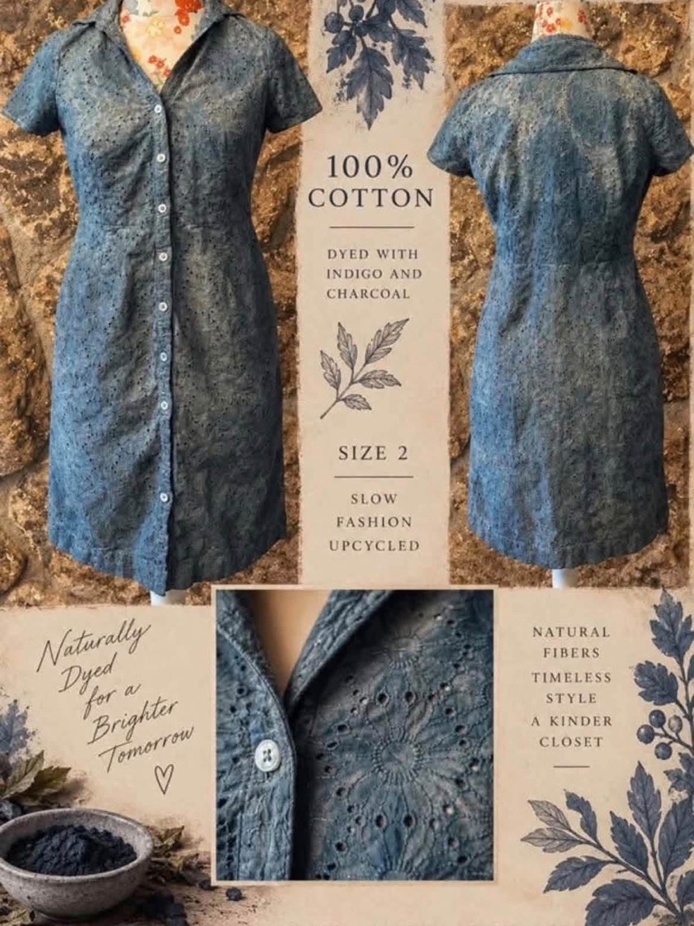 Upcycled -plant dyed with Indigo- Cotton Eyelet Shirt Dress - Blue